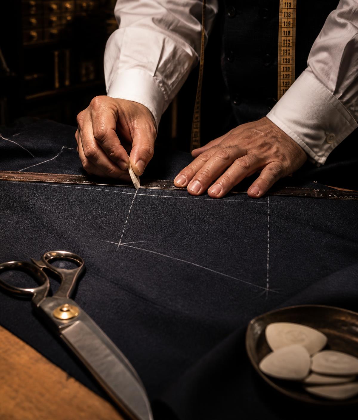 Tailor chalk-marking navy wool on a cutting table