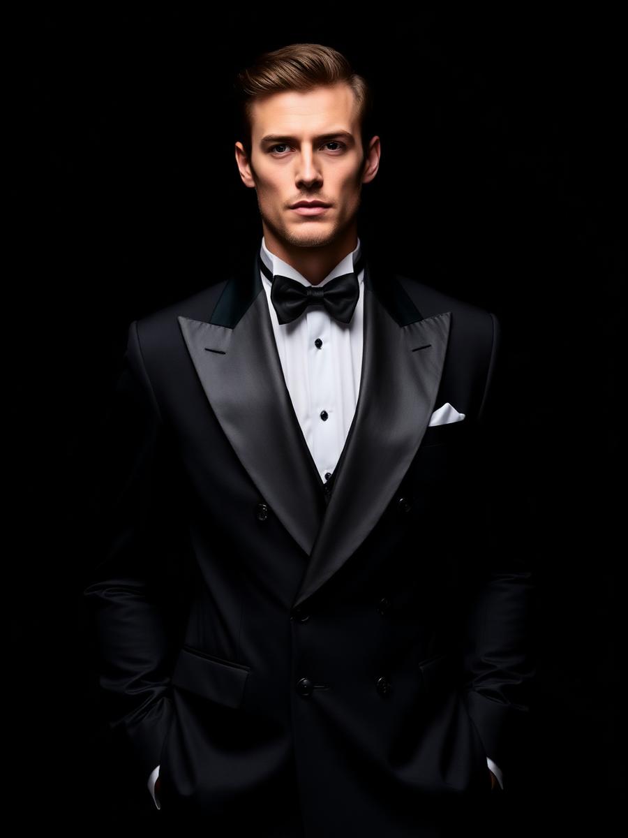 Black double-breasted tuxedo with satin lapels
