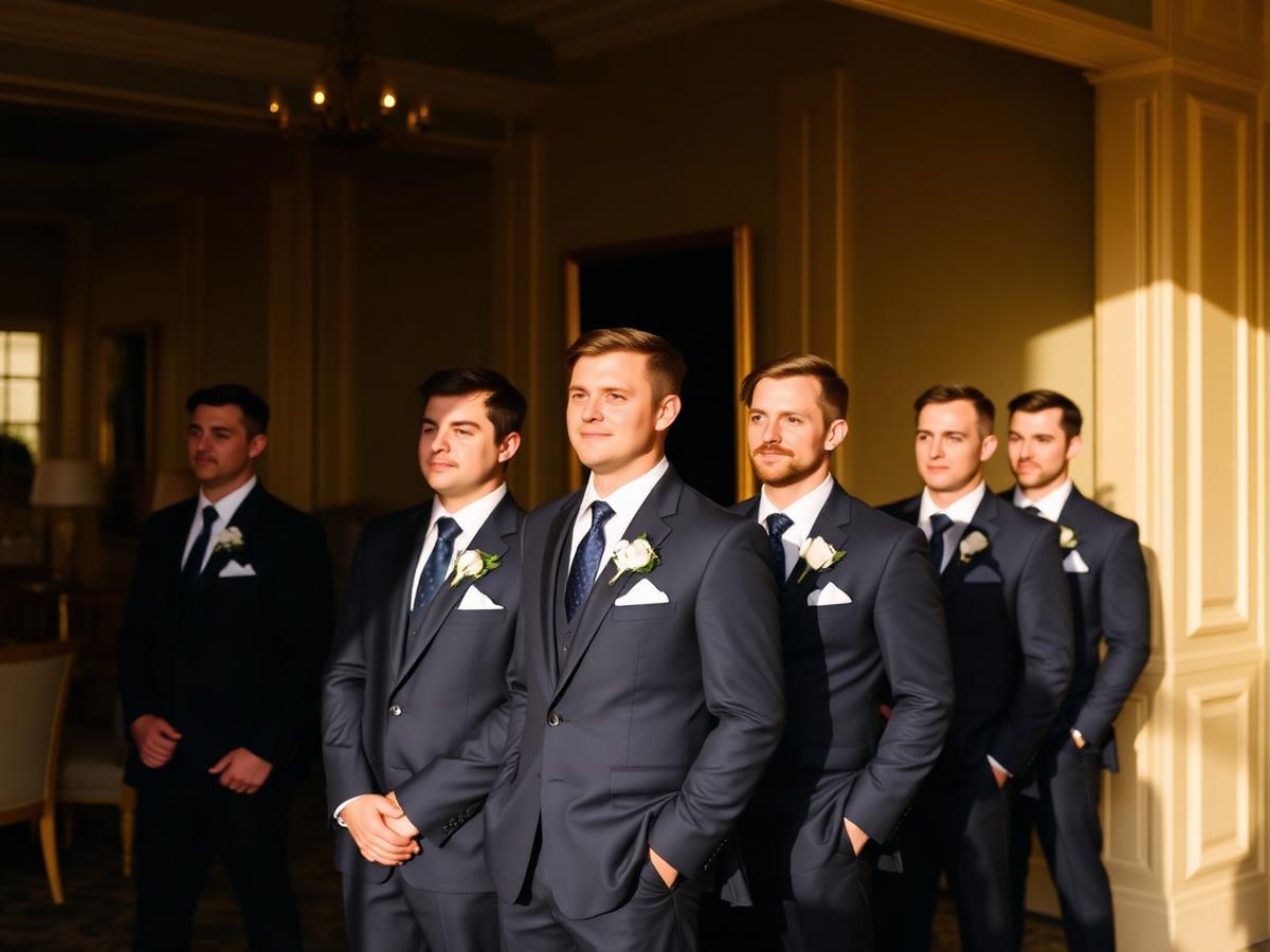 Groomsmen in matching navy suits