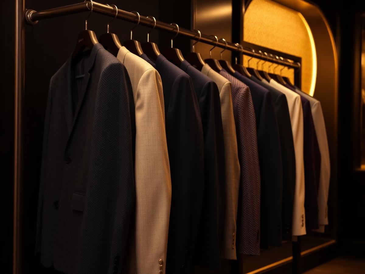 Rack of bespoke suits in a tailor showroom