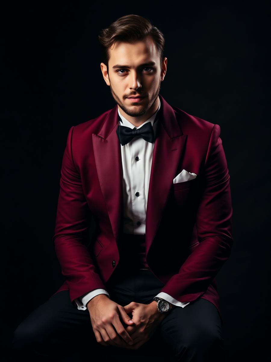 Man in burgundy dinner jacket and bow tie