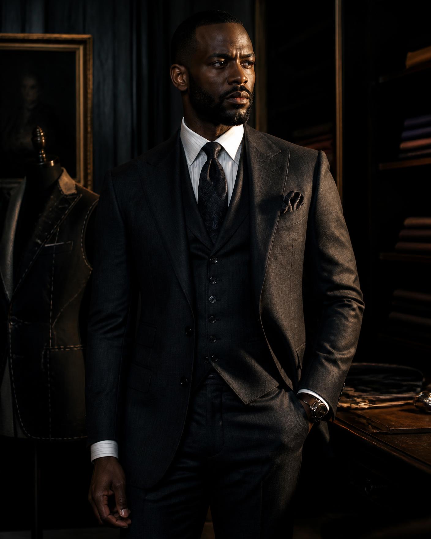 Man wearing a bespoke charcoal three-piece suit in a tailoring atelier